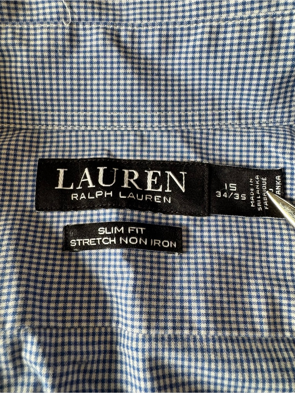 Lauren Ralph Lauren Slim Fit Blue White Gingham Shirt Size 15 34/35 (M/L) Chic - Picture 2 of 7